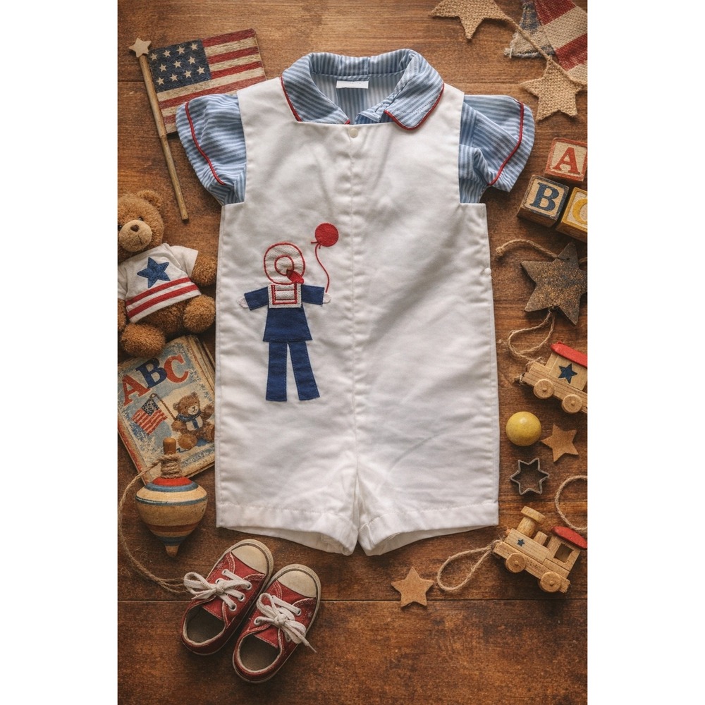 VTG Little One Johnston Patchwork Applique Jumper Romper Sz 4 Red‎ White Blue